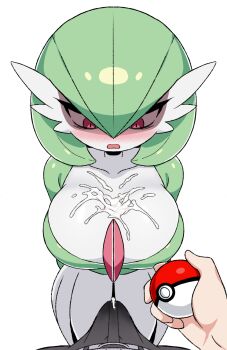 1girl arms_behind_back breasts bulge cum cum_in_clothes cum_on_body cum_on_breasts cum_on_upper_body cum_through_clothes disgust erection erection_under_clothes from_above gardevoir gen_3_pokemon hetero highres holding holding_poke_ball large_breasts leepicmochi looking_down nintendo open_mouth pink_eyes poke_ball poke_ball_(basic) pokemon pokemon_(creature) pokephilia pov shaded_face shiny_skin source_request unepicroachy