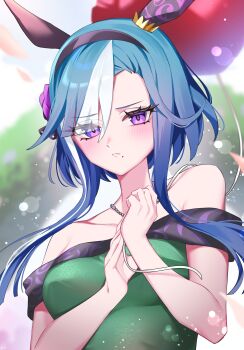 Rule 34 | 1girl, absurdres, admire groove (umamusume), animal ears, balloon, bare shoulders, black hairband, blue hair, blush, breasts, closed mouth, collarbone, dress, ear covers, green dress, hairband, heart balloon, highres, holding, holding balloon, horse ears, horse girl, long hair, looking at viewer, medium breasts, mole, mole under mouth, multicolored hair, nitsu (nitsuni2 2), no heterochromia, off-shoulder dress, off shoulder, purple eyes, solo, streaked hair, umamusume, upper body, white hair, white streaks