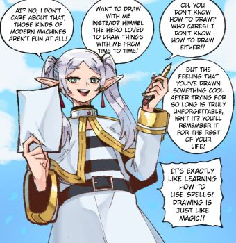 1girl capelet earrings elf english_text frieren green_eyes grey_hair holding holding_paper holding_pen jewelry long_hair long_sleeves looking_at_viewer meme paper parted_bangs pen pointy_ears shirt skirt solo sousou_no_frieren striped_clothes striped_shirt twintails upward_angle_frieren_drawing_(meme) wanderjegson white_capelet white_hair