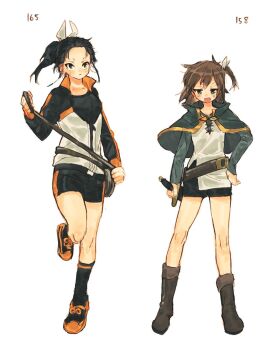 2girls :d belt black_hair black_shoes black_shorts black_socks blush boots bow brown_boots brown_eyes cape commentary_request crossover genderswap genderswap_(mtf) green_cape green_eyes green_shirt hair_bow hair_ribbon hand_on_own_hip high_ponytail highres holding holding_sword holding_weapon kono_subarashii_sekai_ni_shukufuku_wo! medium_hair multicolored_shoes multiple_girls natsuki_subaru one_side_up open_mouth orange_shoes ponytail re:zero_kara_hajimeru_isekai_seikatsu ribbon satou_kazuma shen1461889 shirt shoes shorts simple_background smile sneakers socks standing standing_on_one_leg sword trait_connection tunic two-tone_shoes v-shaped_eyebrows weapon white_background white_bow white_ribbon white_tunic