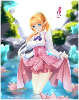 1girl absurdres artist_name ascot blonde_hair blue_ascot blue_eyes blunt_bangs blurry blurry_background bokeh clothes_lift collared_shirt commentary cowboy_shot crystal day depth_of_field dungeon_ni_deai_wo_motomeru_no_wa_machigatteiru_darou_ka elf english_commentary hair_tie high-waist_skirt highres kuro_rei_kyuu lefiya_viridis lifting_own_clothes lily_pad long_hair long_sleeves looking_at_viewer medium_skirt mixed-language_commentary outdoors parted_lips pink_skirt pointy_ears ponytail shirt signature skirt skirt_lift solo sparkle standing suspender_skirt suspenders sword_oratoria twitter_username wading water white_shirt wing_collar