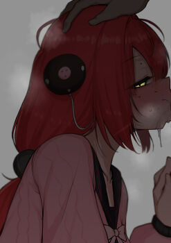 1boy 1girl braid braided_twintails cardigan cum cum_in_mouth cum_overflow fellatio from_side green_eyes hair_ornament hand_on_another&#039;s_head hearing_aid hetero highres long_hair looking_at_viewer mikage_77777 oral out-of-frame_censoring pink_cardigan red_hair simple_background sphere_hair_ornament ukinami_yuzuha zenless_zone_zero