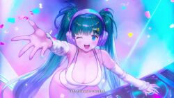 1girl animated armpits ass ass_shake blue_eyes bouncing_ass bouncing_breasts breasts brown_dust_(series) brown_dust_2 cleavage dj elbow_gloves eyebrows_hidden_by_hair gloves graphic_equalizer green_hair hair_ornament hairclip headphones highres holding holding_headphones huge_ass large_breasts long_hair looking_at_viewer mixing_console monitor official_art one-piece_swimsuit one_eye_closed open_mouth second-party_source smile solo sound standing standing_on_one_leg swimsuit table teeth twintails venaka_(brown_dust_2) very_long_hair video white_gloves white_one-piece_swimsuit