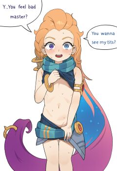 1girl aqua_scarf bare_shoulders blue_eyes blue_nails blue_shirt blue_shorts blush braid clothes_lift clothes_pull convenient_censoring cropped_shirt embarrassed english_text erogaki feet_out_of_frame female_focus flat_chest gradient_hair henz_(ketchupp) heterochromia highres league_of_legends lifting_own_clothes loli long_hair midriff multicolored_hair nail_polish nervous open_mouth orange_hair presenting pulling_own_clothes purple_eyes purple_hair scarf shirt shirt_lift shorts shorts_pull simple_background sleeveless sleeveless_shirt smile solo standing straight-on striped_clothes striped_scarf sweat teeth two-tone_hair undressing vertical_stripes very_long_hair white_background zoe_(league_of_legends)