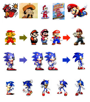 1980s_(style) 1990s_(style) 2boys blue_eyes evolution green_eyes mario mario_(series) multiple_boys nintendo retro_artstyle retro_artstyle sega sonic_the_hedgehog sonic_(series) sprites super_mario_64 super_mario_bros._1 super_mario_galaxy super_smash_bros.