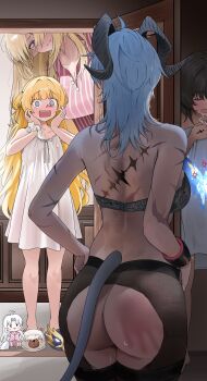 5girls @_@ absurdres alternate_costume alternate_form anger_vein aroused_nosebleed ass back bare_shoulders black_bra black_hair black_horns black_pantyhose blonde_hair blood blue_butterfly blush bra breasts bug butterfly carlotta_(wuthering_waves) commentary covering_privates curled_horns dress east_(east_0o0) english_commentary female_rover_(wuthering_waves) fleurdelys_(wuthering_waves) grey_hair height_difference highres horns huge_breasts implied_after_sex insect long_hair looking_at_another medium_breasts mini_person minigirl multiple_girls no_panties nosebleed nude_cover open_door open_mouth pajamas pantyhose phoebe_(wuthering_waves) purple_eyes rover_(wuthering_waves) scar shorekeeper_(wuthering_waves) sigh spanked tacet_discord_(wuthering_waves) tacet_mark_(wuthering_waves) tail torn_clothes torn_pantyhose underwear very_long_hair white_dress wuthering_waves yuri