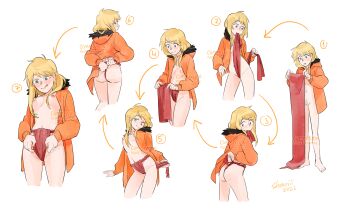 1girl absurdres adjusting_clothes adjusting_fundoshi aged_up arrow_(symbol) artist_name ass blonde_hair blue_eyes blush breasts coat colored_pubic_hair commission commissioner_upload dressing exhibitionism fabric feet feet_out_of_frame fundoshi fundoshi_pull genderswap genderswap_(mtf) highres hood hooded_coat hooded_jacket hoodie how_to jacket japanese_clothes kenny_mccormick licking licking_lips loincloth long_hair messy_hair nipples nude object_in_mouth orange_coat orange_jacket parka pubic_hair public_indecency pussy red_fundoshi red_loincloth sequential shouri small_breasts smile south_park step_by_step t-back tongue tongue_out tying_fundoshi watermark