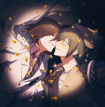 Rule 34 | 2boys, ahoge, alternate costume, bbong two, black gloves, black hair, blush, checkered clothes, checkered necktie, clothes grab, collared shirt, commentary request, confetti, danganronpa (series), danganronpa v3: killing harmony, detective, embarrassed, flipped hair, formal clothes, from side, gloves, hair between eyes, hat, highres, imminent kiss, korean commentary, long sleeves, male focus, multiple boys, necktie, necktie grab, neckwear grab, oma kokichi, open mouth, phantom thief, profile, saihara shuichi, scarf, shirt, short hair, smile, smirk, spotlight, surprised, top hat, unworn hat, unworn headwear, upper body, wide-eyed, yaoi, yellow eyes