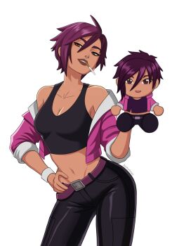 1girl absurdres bare_shoulders belt black_pants black_shirt breasts brown_eyes brown_lips character_doll cleavage commentary commission dispatch doll face_piercing grin hair_between_eyes hand_on_own_hip highres holding invisigal_(dispatch) jacket lips looking_at_viewer medium_breasts midriff navel nose_piercing off_shoulder pants pcharlesart piercing pink_jacket purple_belt purple_hair shirt short_hair simple_background sleeveless sleeveless_shirt smile solo stomach twitter_username unlit_cigarette_in_mouth white_background