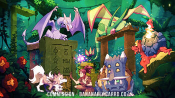 1girl @_@ aerodactyl alternate_eye_color bastiodon belt black_belt blue_scarf boots brown_boots brown_eyes brown_gloves brown_hair brown_jacket brown_shorts brown_socks bush closed_mouth clothed_pokemon commentary commission english_commentary fire floating flower flygon gen_1_pokemon gen_2_pokemon gen_3_pokemon gen_4_pokemon gen_7_pokemon gloves green_eyes highres holding holding_notebook ivy jacket jewelry kneehighs lava leaf lycanroc lycanroc_(midday) magcargo minior minior_(core) minior_(violet_core) moss necklace nintendo notebook on_one_knee on_rock open_clothes open_jacket open_mouth original plant pokemon pokemon_(creature) ponytail pouch red_flower ruins scarf shell shirt short_sleeves shorts smile socks tamarinfrog tree unown unown_a unown_e unown_i unown_m unown_t vines watermark web_address white_shirt