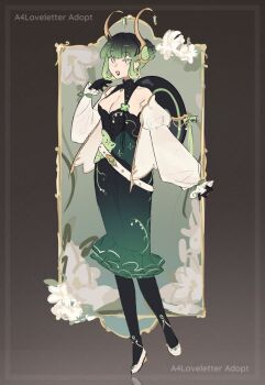 1girl a4loveletter adoptable bag belt black_dress black_pantyhose border breasts cleavage clothing_cutout clover_vonclaire colored_eyelashes concept_art dress flower full_body gold_border gradient_clothes gradient_dress green_dress green_hair hair_bun headpiece highres idoloid jacket long_sleeves looking_at_viewer medium_breasts non-web_source official_art open_clothes open_jacket ornate_border pantyhose pink_eyes shoes short_hair single_hair_bun solo utau white_belt white_jacket white_shoes