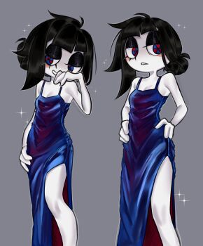 1girl absurdres alternate_costume black_hair blue_dress blue_eyes colored_skin commentary dress english_commentary grey_background hair_bun half-closed_eyes hands_on_own_hips highres long_dress multicolored_eyes multiple_views parastoo_porl pomni_(the_amazing_digital_circus) red_eyes side_slit sleeveless sleeveless_dress the_amazing_digital_circus two-tone_eyes white_skin