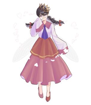Rule 34 | 1girl, black hair, bow, braid, crown, fairy, fairy wings, glasses, hair bow, haruchika (spring 0 a), highres, kirby (series), kirby 64, long hair, looking at viewer, low twin braids, nintendo, petals, pink skirt, purple eyes, red bow, ripple star queen, skirt, sleeves past fingers, sleeves past wrists, smile, solo, twin braids, white background, wings
