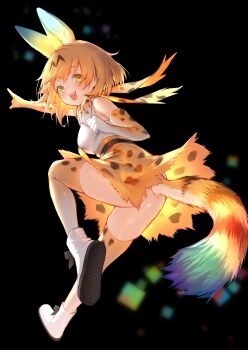 1girl absurdres akuma_(st.takuma) animal_ears animal_print arm_up ass bare_shoulders belt black_background blush bow bowtie elbow_gloves extra_ears full_body gloves high-waist_skirt highres kemono_friends looking_at_viewer medium_hair miniskirt multicolored_hair no_panties open_mouth orange_hair outstretched_arm pointing pointing_forward print_bow print_bowtie print_gloves print_scrunchie print_skirt print_thighhighs scarf scrunchie serval_(kemono_friends) shirt shirt_tucked_in shoes simple_background skirt sleeveless sleeveless_shirt smile solo striped_tail tail thighhighs white_shirt yellow_eyes