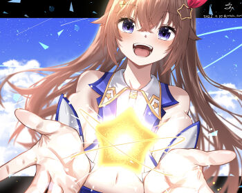 1girl black_border blue_skirt blue_vest blush border cloud commentary hair_ornament highres hololive long_hair looking_at_viewer open_mouth purple_eyes skirt smile solo star_(symbol) star_hair_ornament tokino_sora tokino_sora_(1st_costume) u_da_desu very_long_hair vest virtual_youtuber white_wrist_cuffs wrist_cuffs