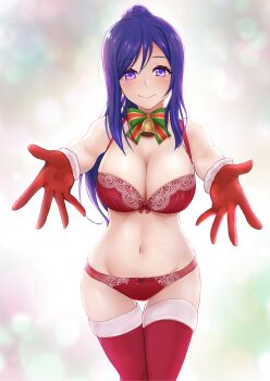 1girl absurdres bell blue_hair bow bowtie bra breasts christmas cleavage gloves highres jingle_bell large_breasts love_live! love_live!_sunshine!! matsuura_kanan neck_ribbon panties purple_eyes red_bra red_panties ribbon shooter_(l.i.r) socks underwear