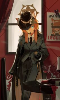 1girl absurdres alternate_costume animal_ear_fluff animal_ears black_coat black_hat black_jacket black_necktie black_pants blue_archive blue_eyes cat_ears cat_girl cigar coat coat_on_shoulders collared_shirt double_v fedora hair_between_eyes halo hat high-waist_pants highres indoors jacket long_hair looking_at_viewer mari_(blue_archive) necktie pants rescat shirt sidelocks smoking solo v wanted_poster white_shirt yellow_halo