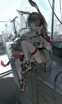 1girl absurdres animal_ears april_(arknights) arknights black_gloves brown_hair building city cityscape dress gloves hand_on_headphones headphones highres lemtun light_smile long_hair long_sleeves outdoors purple_eyes rabbit_ears rabbit_girl shoes single_glove sitting skyscraper sneakers socks solar_panel solo striped_clothes striped_socks walkman white_dress white_socks