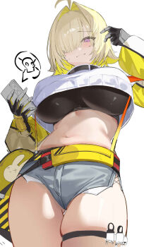 1girl :3 ahoge animal_print arm_up black_gloves black_shirt blonde_hair blush closed_mouth colored_inner_hair commentary cowboy_shot crop_top crop_top_overhang cropped_shirt elegg_(nikke) english_commentary exposed_pocket from_below gloves goddess_of_victory:_nikke grey_shorts hair_intakes hair_over_one_eye hand_in_own_hair highres holding holding_phone impossible_clothes impossible_shirt jewelry long_sleeves looking_at_viewer medium_hair multicolored_gloves multicolored_hair navel phone purple_eyes rabbit_print shirt short_shorts shorts simple_background skindentation smile solo spoken_skull standing stomach suspenders thighlet turtleneck turtleneck_shirt two-tone_shirt wh0_r_uo_o white_background white_gloves white_shirt yellow_bag yellow_gloves yellow_shirt