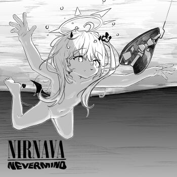 1girl 743_(743rd_bat) :t air_bubble album_art album_cover album_cover_redraw barefoot blue_archive box bubble closed_mouth commentary completely_nude cover demon_girl demon_horns demon_tail demon_wings derivative_work fish_hook fishing_rod flat_chest greyscale halo hat heart-shaped_box highres horns ibuki_(blue_archive) loli monochrome navel nevermind nirvana_(band) nude parody peaked_cap pussy solo symbol-only_commentary tail toes underwater unworn_hat unworn_headwear wings