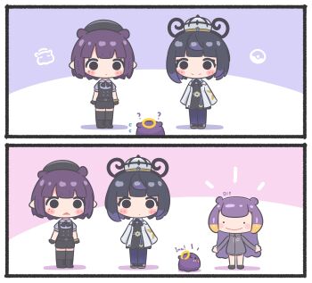 2girls 2koma absurdres alternate_costume beret black_dress black_hair blush_stickers boots comic commentary crossover ditto dress dress_shirt english_commentary gen_1_pokemon gwynn_(pokemon) hat highres hololive hololive_english jacket medium_hair mole mole_under_eye mpien multicolored_hair multiple_girls ninomae_ina&#039;nis ninomae_ina&#039;nis_(loungewear) nintendo orange_hair pointy_ears pokemon pokemon_legends:_z-a purple_hair shirt shorts silent_comic smile streaked_hair takodachi_(ninomae_ina&#039;nis) tentacle_hair thighhighs transformed_ditto triangle_mouth virtual_youtuber