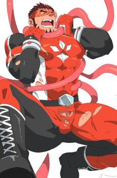 1boy akashi_(live_a_hero) bara bodysuit bulge censored defeat erection erection_under_clothes facial_hair goatee highres large_pectorals live_a_hero long_sideburns male_focus mosaic_censoring muscular muscular_male pectorals red_eyes red_hair ruizu_(takakisan503) scar scar_on_face scar_on_nose short_hair sideburns sidepec solo spread_legs strongman_waist superhero_costume tentacle_around_neck tentacles tentacles_on_male thick_eyebrows thick_thighs thighs torn_bodysuit torn_clothes