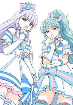 2girls blue_bow blue_choker blue_eyes blue_hair blue_hairband blue_thighhighs blunt_bangs bow bow_hairband choker closed_mouth commentary_request cowboy_shot crown cure_lillian cure_nyammy detached_sleeves dress dress_bow earrings elbow_rest from_below grey_hair hairband hand_to_own_mouth hand_up hat high_side_ponytail highres jewelry long_hair looking_at_viewer magical_girl mini_crown mini_hat mini_top_hat multiple_girls nekoyashiki_mayu nekoyashiki_yuki parted_lips pink_eyes precure side_ponytail simple_background smile smug standing thighhighs top_hat uraki white_background white_dress white_sleeves white_thighhighs wonderful_precure!