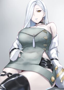 1girl absurdres bare_shoulders blue_lips boots breasts choker commentary_request dress earrings eyeliner fate/grand_order fate_(series) grey_dress hair_over_one_eye hand_on_own_hip highres hoop_earrings jacket jewelry knee_boots kueru_1285 large_breasts long_hair makeup mrs._snake_(fate) mrs._snake_(second_ascension)_(fate) off_shoulder ribbed_dress short_shorts shorts sweater sweater_dress tassel temporal_hairline thigh_strap white_jacket wide_hips yellow_eyes