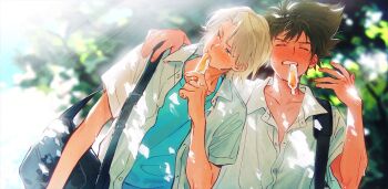 Rule 34 | 2boys, bag, black hair, blonde hair, blue eyes, blue shirt, closed eyes, collared shirt, dappled sunlight, digimon, digimon adventure, digimon adventure -beyond-, hand fan, hand on another's shoulder, highres, ishida yamato, konashio, leaning on person, looking to the side, male focus, multiple boys, open clothes, open shirt, shirt, short hair, shoulder bag, summer, summer uniform, sunlight, sweat, tupet, white shirt, yagami taichi