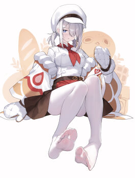 1girl absurdres black_survival blue_eyes bread breasts eternal_return:_black_survival eyepatch food full_body grey_hair hair_over_one_eye hat highres jacket large_breasts looking_at_viewer medium_hair mittens neckerchief no_shoes pantyhose parted_lips red_neckerchief short_twintails sissela_(black_survival) sissela_kyle sitting solo tunamayo_(dsasd751) twintails white_hat white_jacket white_mittens white_pantyhose wilson_(black_survival)