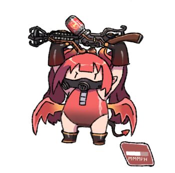 Rule 34 | 1girl, arms up, black boots, black gloves, boots, chibi, commission, demon horns, demon tail, demon wings, flamethrower, full body, gas mask, genderswap, genderswap (otf), gloves, highres, holding, holding flamethrower, holding weapon, horns, leotard, long hair, mask, open clothes, pyro (tf2), red hair, red leotard, red pyro (tf2), solo, tail, team fortress 2, twintails, v-shaped eyebrows, very long hair, weapon, wersman, wings, zipper, | |