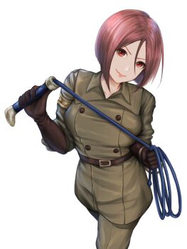 1girl belt belt_buckle bob_cut breasts brown_belt brown_eyes brown_hair buckle buttons closed_mouth collarbone gloves highres holding holding_whip kurone_rinka looking_at_viewer military military_uniform no_choker revision short_hair simple_background solo the_king_of_fighters whip whip_(kof) white_background