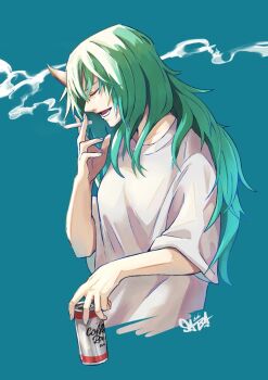 1girl arknights blue_background can closed_eyes commentary_request cropped_torso green_hair highres holding holding_can horns hoshiguma_(arknights) long_hair open_mouth peppsi_(saba_sabasuk0) shirt signature single_horn skin-covered_horns smoke smoking very_long_hair white_shirt