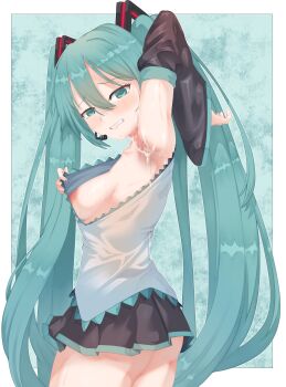 Rule 34 | 1girl, absurdres, armpits, black skirt, black sleeves, blue background, blue eyes, blue hair, blush, breasts, cheeso art, clothes pull, commentary, cowboy shot, cum, cum on armpits, cum on body, detached sleeves, hair between eyes, hair ornament, hatsune miku, highres, long hair, looking at viewer, looking to the side, medium breasts, miniskirt, nipples, no bra, pleated skirt, shirt, shirt pull, sideboob, skirt, sleeveless, sleeveless shirt, solo, twintails, underbutt, variant set, very long hair, vocaloid, white background, white shirt