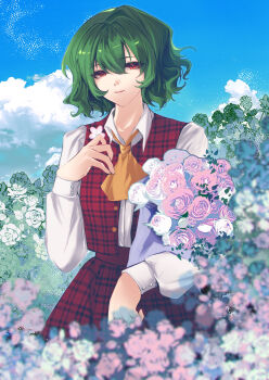 1girl absurdres alulue1 ascot bush cloud collared_shirt commentary cowboy_shot flower green_hair hair_between_eyes hand_up highres kazami_yuuka long_sleeves outdoors pink_flower pink_rose plaid_clothes plaid_skirt plaid_vest puffy_long_sleeves puffy_sleeves red_eyes red_skirt red_vest rose shirt short_hair skirt sky sleeve_cuffs solo standing touhou vest white_shirt yellow_ascot