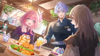 3boys 4girls absurdres ahoge alternate_costume anaxa_(honkai:_star_rail) apron black_apron black_dress black_hair blue_eyes castorice_(honkai:_star_rail) chimera_(honkai:_star_rail) commentary cup cyrene_(aedes_elysiae)_(honkai:_star_rail) cyrene_(honkai:_star_rail) dan_heng_(honkai:_star_rail) dress drink dromas_(honkai:_star_rail) english_commentary food green_shirt grey_hair highres honkai:_star_rail honkai_(series) indoors multiple_boys multiple_girls phainon_(honkai:_star_rail) pink_hair purple_hair purple_sweater restaurant second-party_source shirt short_hair smile stelle_(honkai:_star_rail) sweater tanemaki_monaka trailblazer_(honkai:_star_rail) white_hair yellow_eyes