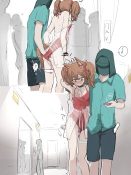 1boy 1girl absurdres alternate_costume angelina_(arknights) angelina_(summer_flower)_(arknights) animal_ears aqua_shirt arknights ass black_collar blush breasts brown_hair casual_one-piece_swimsuit chikan collar doctor_(arknights) elevator faceless fingering fox_ears fox_girl fox_tail grabbing_another's_breast groping hair_ribbon hand_under_clothes hand_under_swimsuit heart hetero highres hood hood_up indoors infection_monitor_(arknights) jewelry looking_down molestation necklace official_alternate_costume one-piece_swimsuit orange_eyes red_one-piece_swimsuit red_ribbon remote_control_vibrator ribbon sex_toy shirt spaghetti_strap swimsuit swimsuit_cover-up tail trembling twintails vibrator vibrator_in_thigh_strap vibrator_under_clothes whate=3r