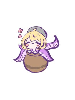 blonde_hair blush closed_eyes closed_mouth flower happy hat highres jar kesiutu octopus relaxing short_hair sitting tentacles wavy_mouth white_background yidhari_murphy zenless_zone_zero