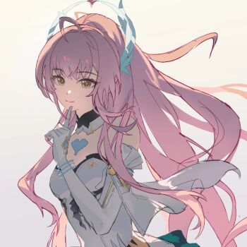 Rule 34 | 1girl, aemeath (wuthering waves), bare shoulders, breasts, chinese commentary, closed mouth, commentary request, elbow gloves, flat color, gloves, hand up, highres, index finger raised, long hair, medium breasts, pink hair, smile, solo, upper body, white background, white gloves, wuthering waves, zhongyuanqing