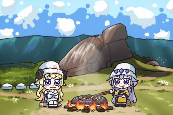 2girls animal_ears bing_huyue blonde_hair blue_sky blush_stickers braid cape chibi chopsticks cloud commentary cooking curled_horns dress english_commentary fire fireplace food fur-trimmed_dress fur_trim gem_hair_ornament grasslands grill grilling hair_flaps hat highres hololive hololive_english horns koseki_bijou long_hair meat mongolia mongolian_clothes multiple_girls nervous pink_cape purple_eyes real_world_location roasting sheep_(minecraft) sheep_ears sheep_girl sheep_horns sitting sky tongue tongue_out tsunomaki_watame tsunomaki_watame_(1st_costume) turtle_rock virtual_youtuber wavy_hair yurt
