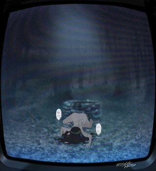 1girl absurdres all_fours barefoot black_hair commentary cosplay dress english_commentary highres long_hair mercy_modiste myth1carts paid_reward_available solo speech_bubble static television the_ring vallure virtual_youtuber well yamamura_sadako yamamura_sadako_(cosplay)