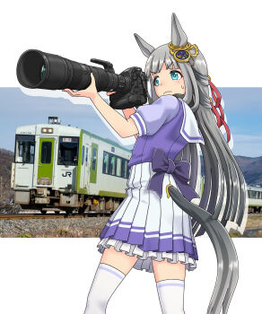 Rule 34 | 1girl, :>, absurdres, animal ears, blue eyes, blunt bangs, blush, camera, chrono genesis (umamusume), closed mouth, clothing cutout, commentary request, grey hair, hair between eyes, hair ornament, highres, horse ears, horse girl, horse tail, mugi no hito, photo background, pleated skirt, school uniform, skirt, solo, standing, tail, tail through clothes, tracen school uniform, train, umamusume