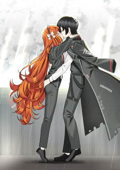 1boy 1girl absurdres arm_up black_hair black_shoes blush bow closed_eyes cloud cloudy_sky commentary commission from_side grey_jacket grey_pants hand_on_another's_head height_difference hetero highres ishmael_(project_moon) jacket kiss lifebuoy limbus_company long_hair long_sleeves orange_hair outdoors pants project_moon rain shirt shoes skeb_commission sky socks sunlight swim_ring tiptoes tunao very_long_hair white_bow white_shirt white_socks yi_sang_(project_moon)