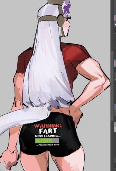 Rule 34 | 1girl, animal ears, art program in frame, beret, black eyes, black shorts, blunt bangs, bow, closed mouth, clothes writing, cowboy shot, cropped shirt, ear bow, earmuffs, english text, from behind, frown, gold ship (umamusume), grey hat, hand on own hip, hat, horse ears, horse girl, horse tail, light blush, loading icon, looking ahead, midriff, muscular, muscular female, pdvl, pointy nose, procreate (medium), purple bow, red shirt, shirt, short shorts, shorts, solo, t-shirt, tail, umamusume