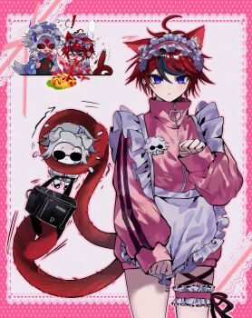 ! ... 2boys ^^^ ahoge alternate_costume animal_ears aotsuki_eito apron bag black_gloves black_hair black_pants black_ribbon blue_eyes cat_boy cat_ears cat_tail chibi chinese_commentary closed_mouth commentary_request crossdressing crossdressing_(mtf) dog_boy dog_ears dog_tail enmaided flying_sweatdrops food frilled_apron frilled_thigh_strap frills gloves grey_hair hair_between_eyes he_tui jacket jersey_maid ketchup ketchup_bottle long_sleeves maid maid_headdress male_focus male_maid multicolored_hair multiple_boys multiple_tails omelet omurice one_eye_closed open_mouth pants pink_jacket red_hair ribbon short_hair smile spoilers spoken_ellipsis streaked_hair sumino_takumi sunglasses sweat tail the_hundred_line_-last_defense_academy- thigh_strap two-tone_hair two_tails unconventional_maid white_apron white_jacket white_pants