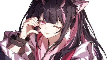 1boy ;p absurdres animal_ears black_hair blunt_bangs bracelet cat_ears chou_kaguya-hime! closed_mouth commentary_request hand_up heart_cheeks highres horns jewelry komazawa_noi long_hair looking_at_viewer male_focus multicolored_hair one_eye_closed pink_eyes pink_horns simple_background smile solo streaked_hair suj278 tongue tongue_out trap twintails upper_body white_background