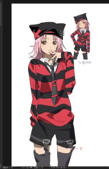 Rule 34 | 1girl, art program in frame, black necktie, black shorts, braid, closed mouth, collared shirt, garter straps, hat, hinamori amu, long hair, necktie, pink hair, qwertpoiuy001, shirt, shorts, shugo chara!, solo, striped clothes, striped sweater, sweater, white shirt, yellow eyes