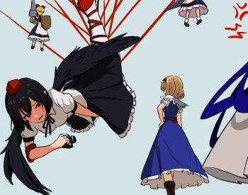 Rule 34 | 3girls, absurdres, alice margatroid, angry, bird wings, black hair, black ribbon, black skirt, black wings, blonde hair, blue background, blue dress, blush, boots, bound, bound legs, brown boots, camera, capelet, dress, embarrassed, frilled hairband, frilled skirt, frills, hairband, hat, highres, holding, holding camera, holding polearm, holding shield, holding weapon, kamishirasawa keine, monadmandara, multiple girls, neck ribbon, pantyhose, pointy ears, polearm, puffy short sleeves, puffy sleeves, red eyes, red hairband, red hat, restrained, ribbon, shameimaru aya, shield, shirt, short hair, short sleeves, simple background, skirt, skirt tug, sweatdrop, tokin hat, touhou, weapon, white capelet, white pantyhose, white shirt, wings