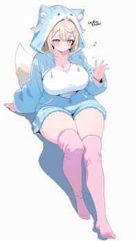 1girl absurdres alternate_costume animal_hood arm_support artist_name bandaid bandaid_hair_ornament blonde_hair blue_nails blue_pajamas blue_streaks blush breasts cleavage closed_mouth collarbone commentary dog_girl dog_tail double-parted_bangs drawstring feet fingernails from_above full_moon fuwawa_abyssgard hair_ornament hairclip highres hololive hololive_english hood hood_up hooded_pajamas knees_up large_breasts long_sleeves moon multicolored_hair musical_note no_shoes o-rindou5100 open_hand outstretched_leg pajamas parallel_hairclips partially_unzipped pink_background pink_thighhighs shadow shirt simple_background sitting solo streaked_hair tail thick_thighs thighhighs thighs toes toes_visible_through_clothing virtual_youtuber white_background white_shirt