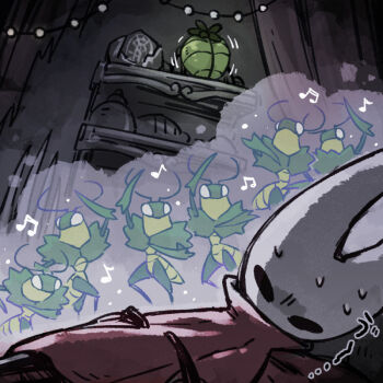 1boy 1girl antennae arthropod_boy arthropod_girl cloak commentary_request fuifui green_prince_(hollow_knight) heart_(organ) hollow_eyes hollow_knight hollow_knight:_silksong horned_mask hornet_(hollow_knight) indoors mantis_boy mask musical_note red_cloak shelf sweat translation_request white_eyes white_mask
